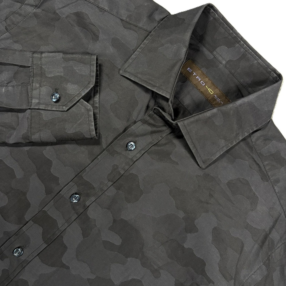 ETRO Camo Jacquard Button Down Shirt Mens Medium 40 Gray Black Camouflage Italy